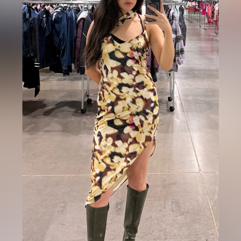 Asymmetrical Floral Slip Dress in Yellow and Black